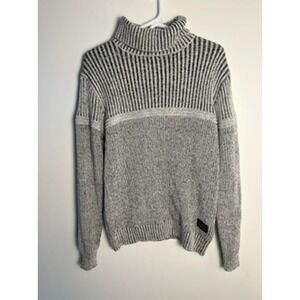 Nick Danger Men Med Grey Ribbed Turtleneck Knit Sweater Pullover Striped Preppy